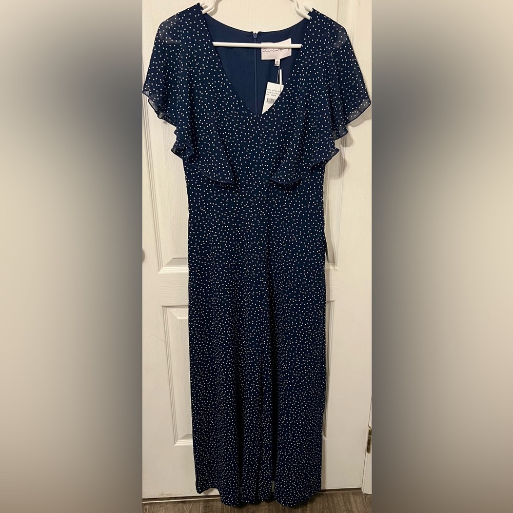 Charles Henry Flutter Sleeve Wide Leg Navy Polka Dot Jumpsuit